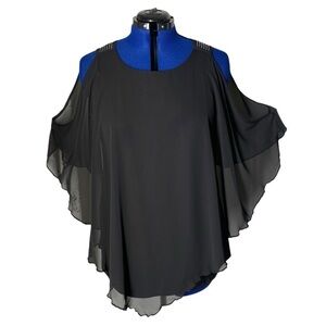 Black Sheer Cut out Shoulders Loose Fit Blouse with Rhinestones Angel Sleeves